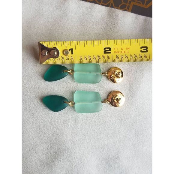 J. Crew Aqua Green Sea Glass Linear Drop Earrings in Gold - Picture 3 of 5